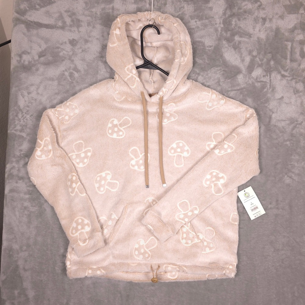 No Boundaries Cream Mushroom Print Fuzzy Pullover Hoodie - Kids Size S